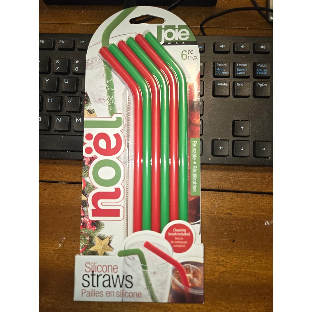 Joie MSC Noel Reusable Silicone Straws 6pc Set Red Green Christmas with Brush